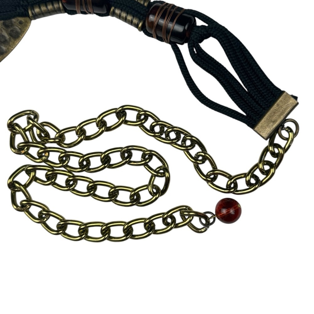 Vintage Boho Hammered Brass Macrame Cord Beads Adjustable Chain Belt S/M - Picture 7 of 8